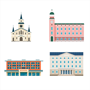 graphic of a church, school and hospital