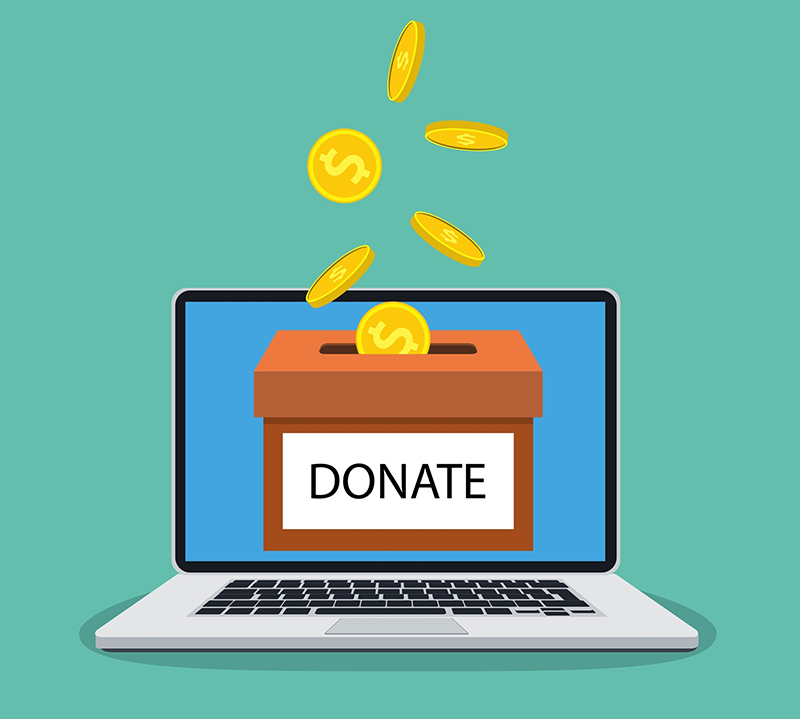 Donate online concept. Donate money with box Business, finance. coins depositing in a carton box. Vector illustration in flat style
